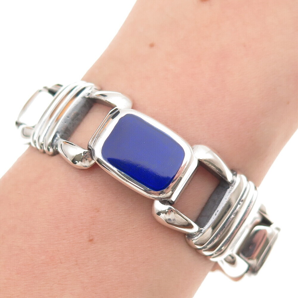 925 Sterling Silver Vintage Italy Real Lapis Heavy 76.4g Anchor Link Bracelet 7"